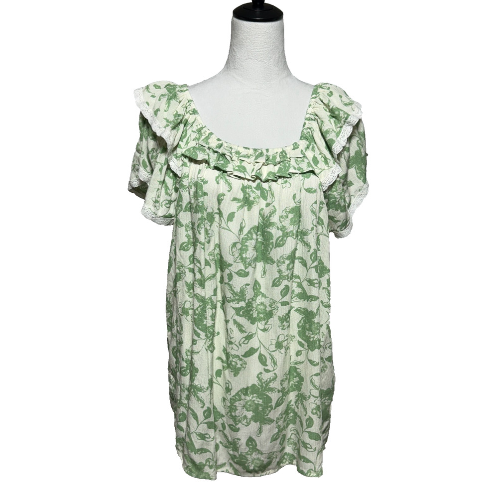Cato Top Womens 18-20W Green Ivory Floral Lace Trim Ruffles Rayon‎ Beachy NWT